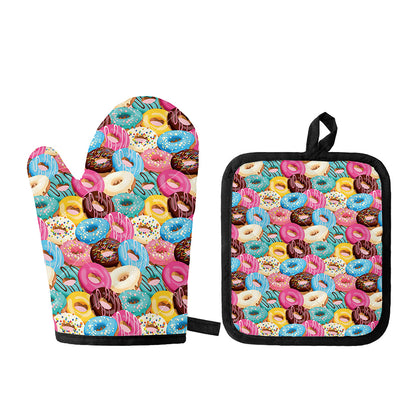 Yummy Donut Pattern Print Oven Mitt And Pot Holder Set