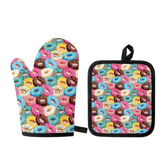 Yummy Donut Pattern Print Oven Mitt And Pot Holder Set