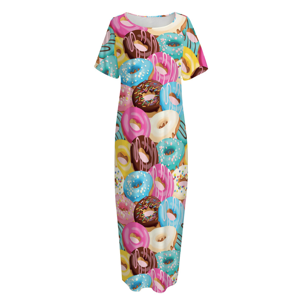 Yummy Donut Pattern Print Short Sleeve Long Nightdress