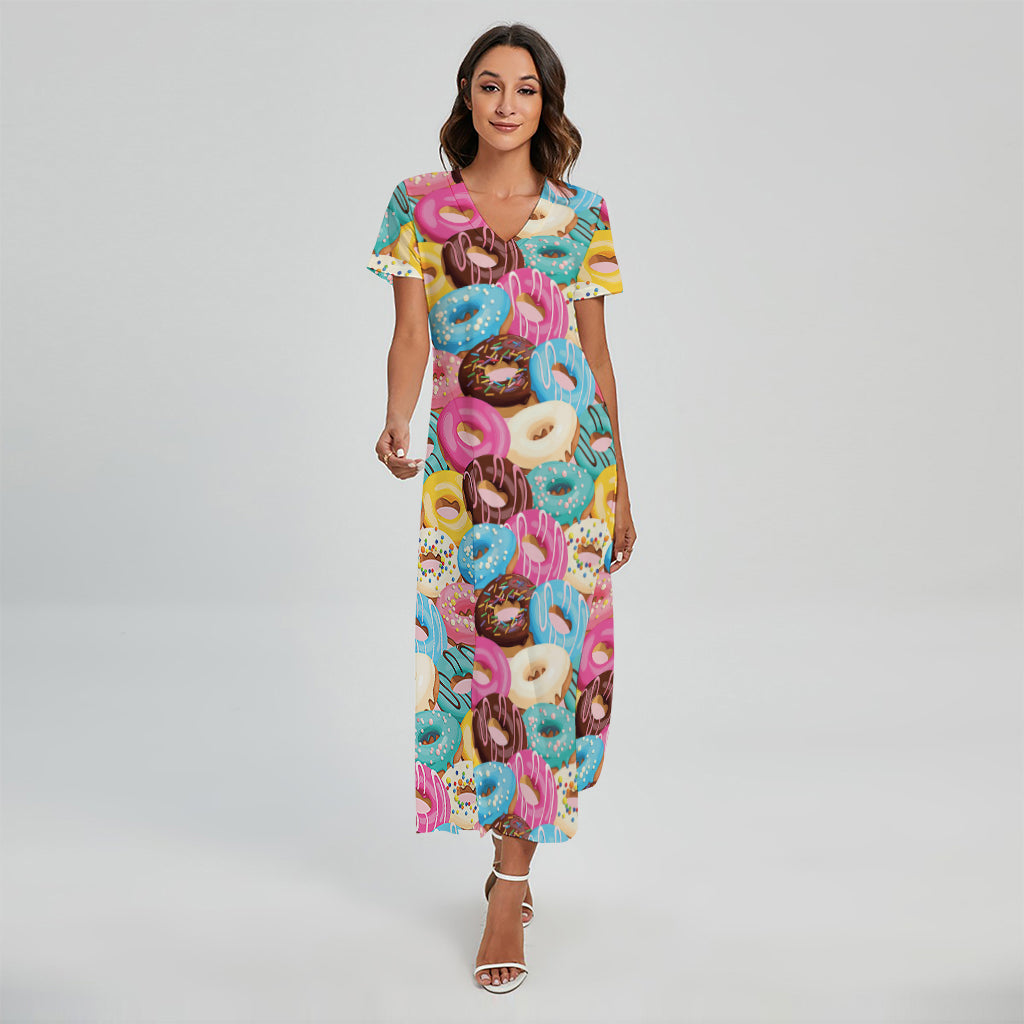 Yummy Donut Pattern Print Short Sleeve Maxi Dress