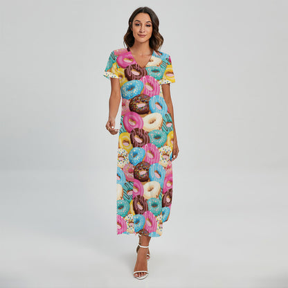 Yummy Donut Pattern Print Short Sleeve Maxi Dress
