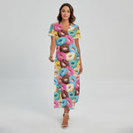 Yummy Donut Pattern Print Short Sleeve Maxi Dress