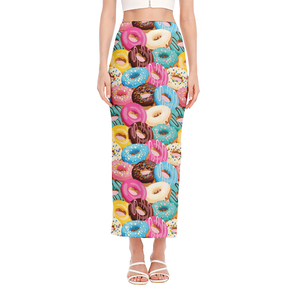 Yummy Donut Pattern Print Side Slit Maxi Skirt