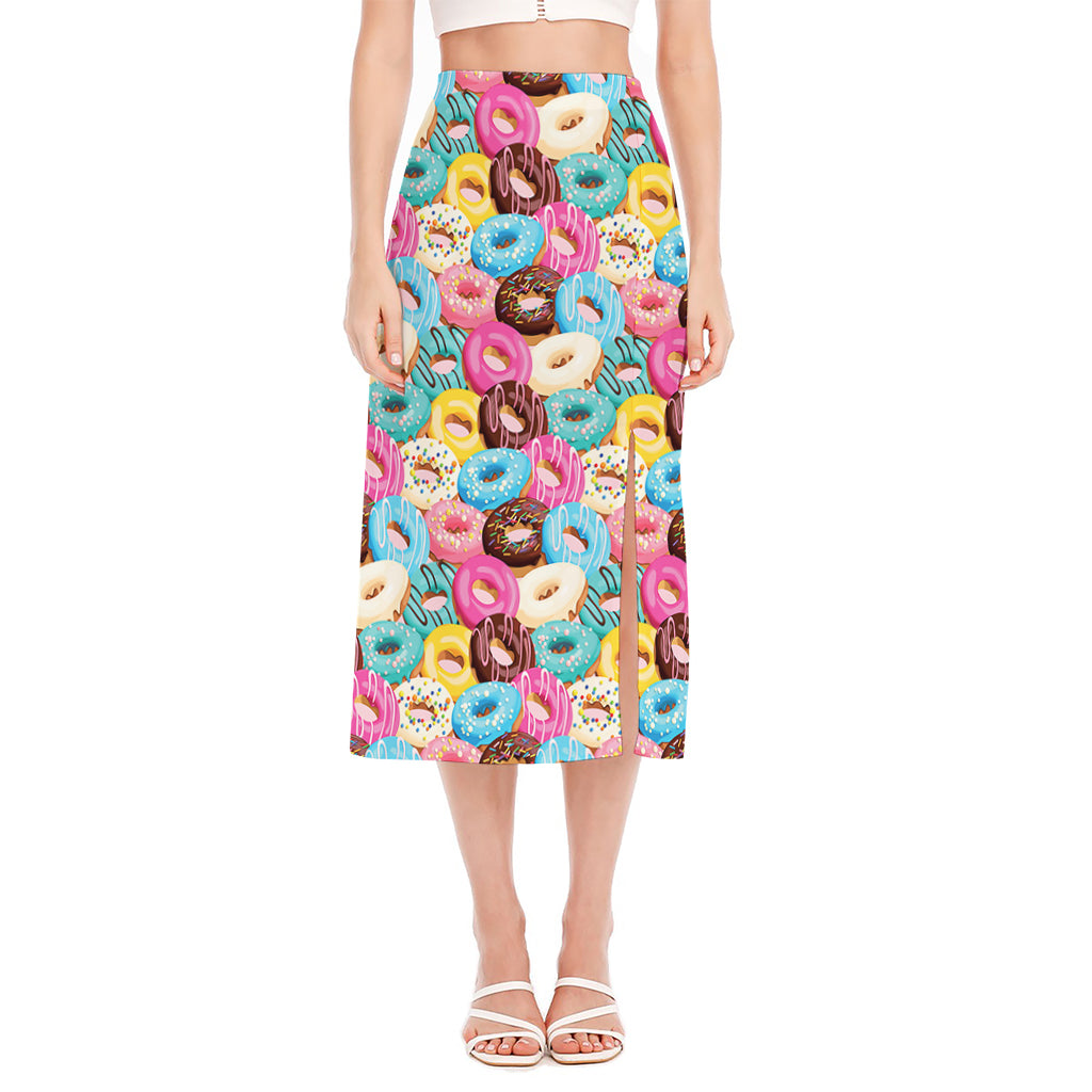 Yummy Donut Pattern Print Side Slit Midi Skirt