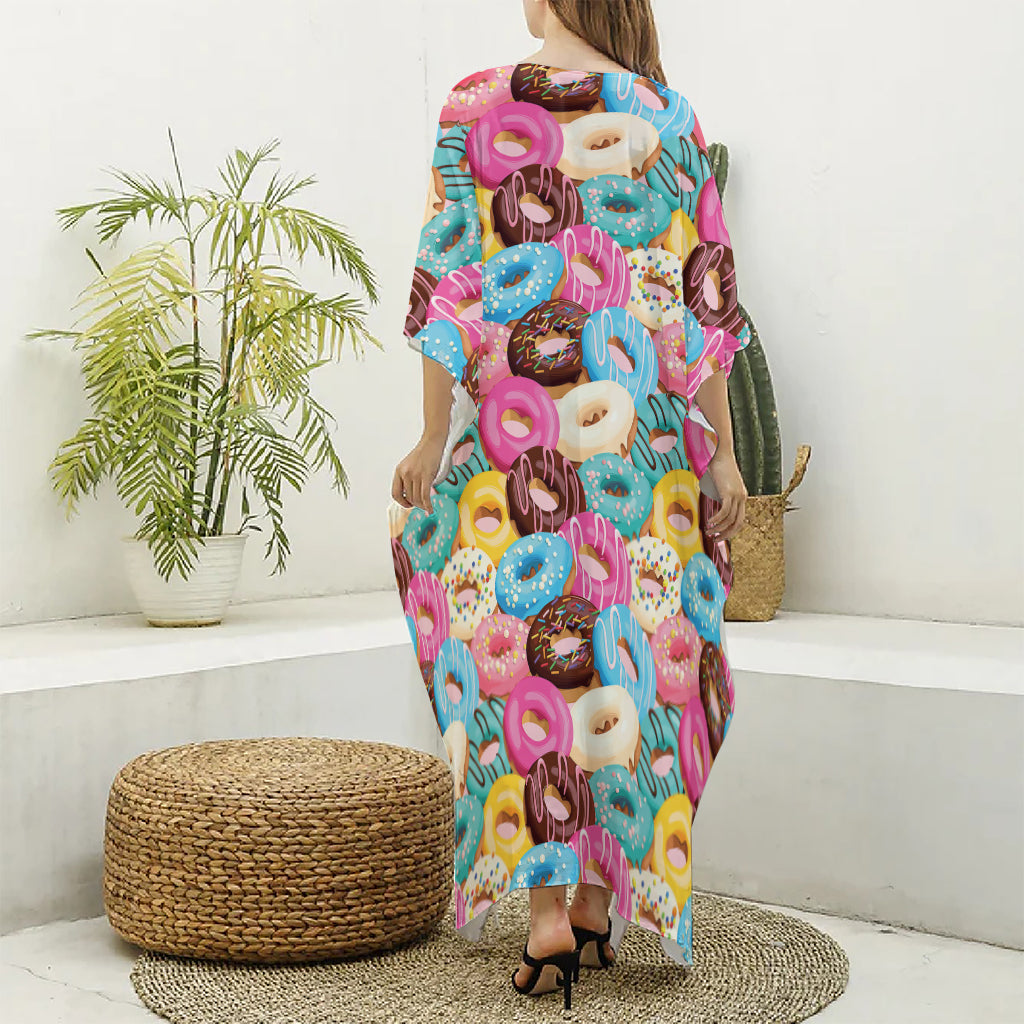 Yummy Donut Pattern Print Silk V-Neck Kaftan Dress