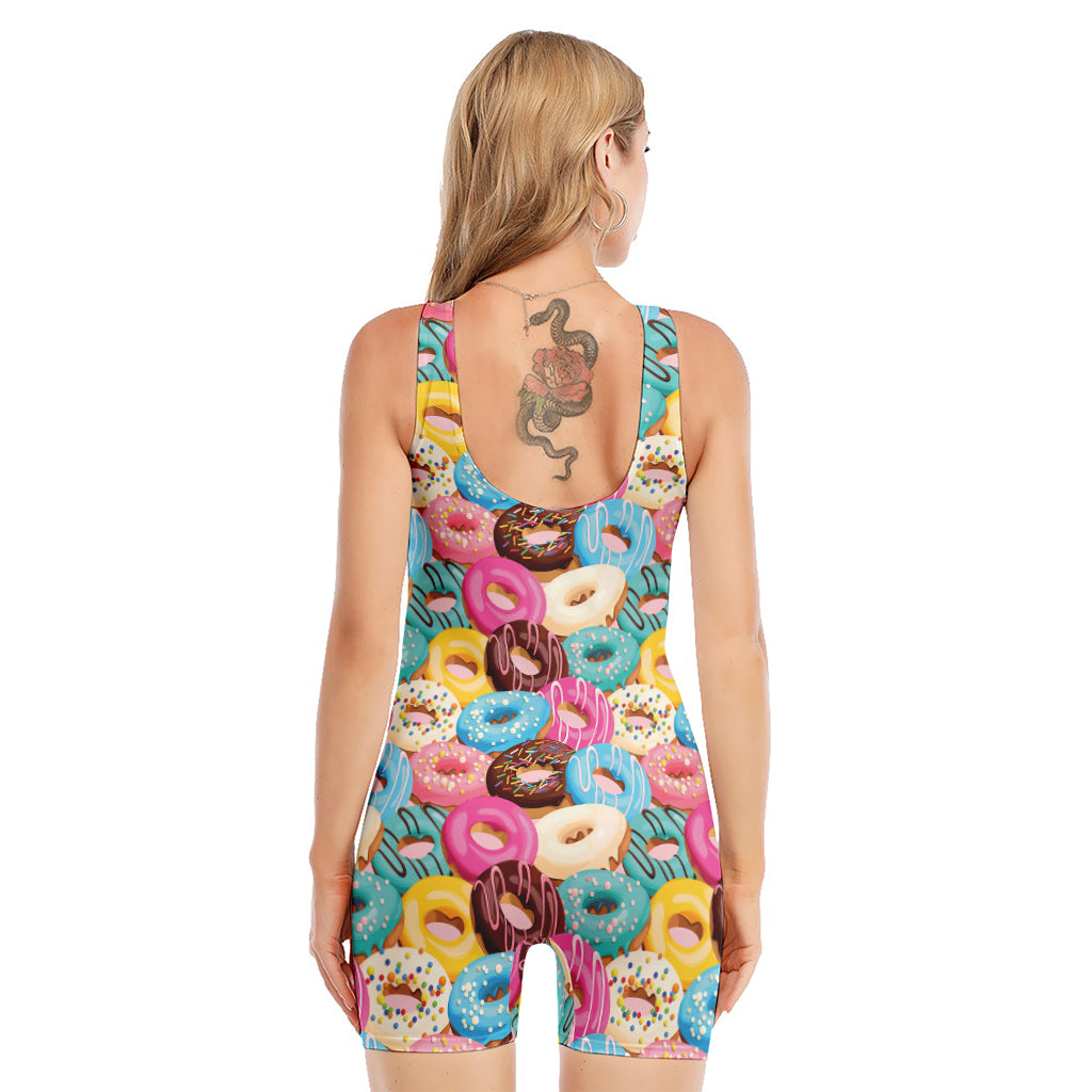 Yummy Donut Pattern Print Sleeveless One Piece Swimsuit