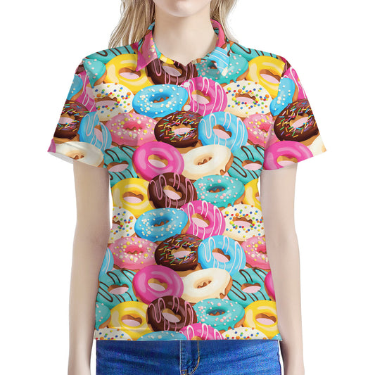 Yummy Donut Pattern Print Women's Polo Shirt