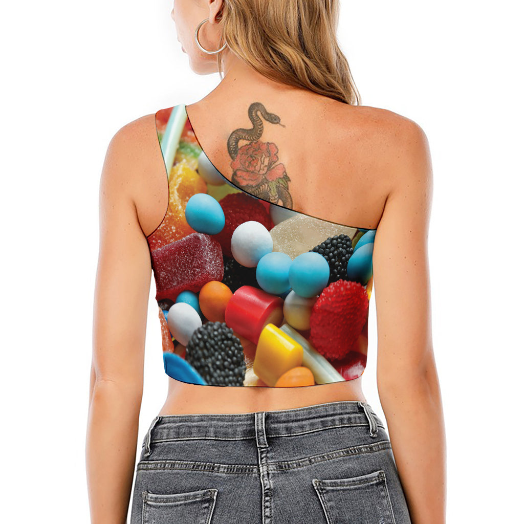 Yummy Gummy Print One Shoulder Crop Top