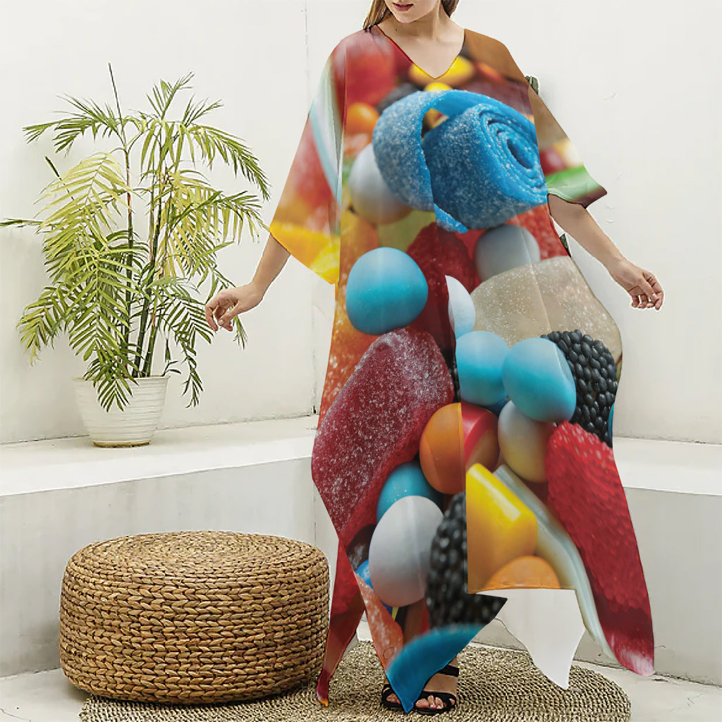 Yummy Gummy Print Silk V-Neck Kaftan Dress