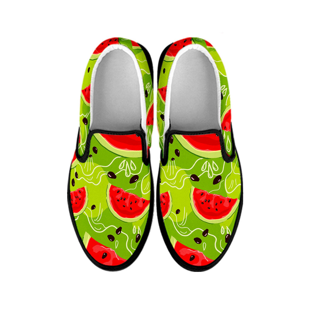 Yummy Watermelon Pieces Pattern Print Black Slip On Sneakers