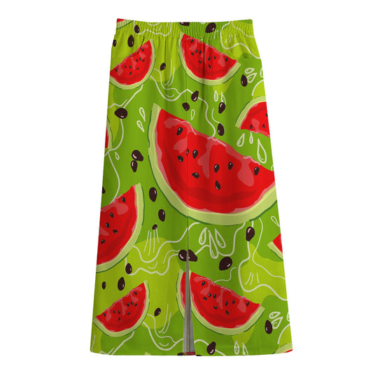 Yummy Watermelon Pieces Pattern Print Cotton Front Slit Maxi Skirt
