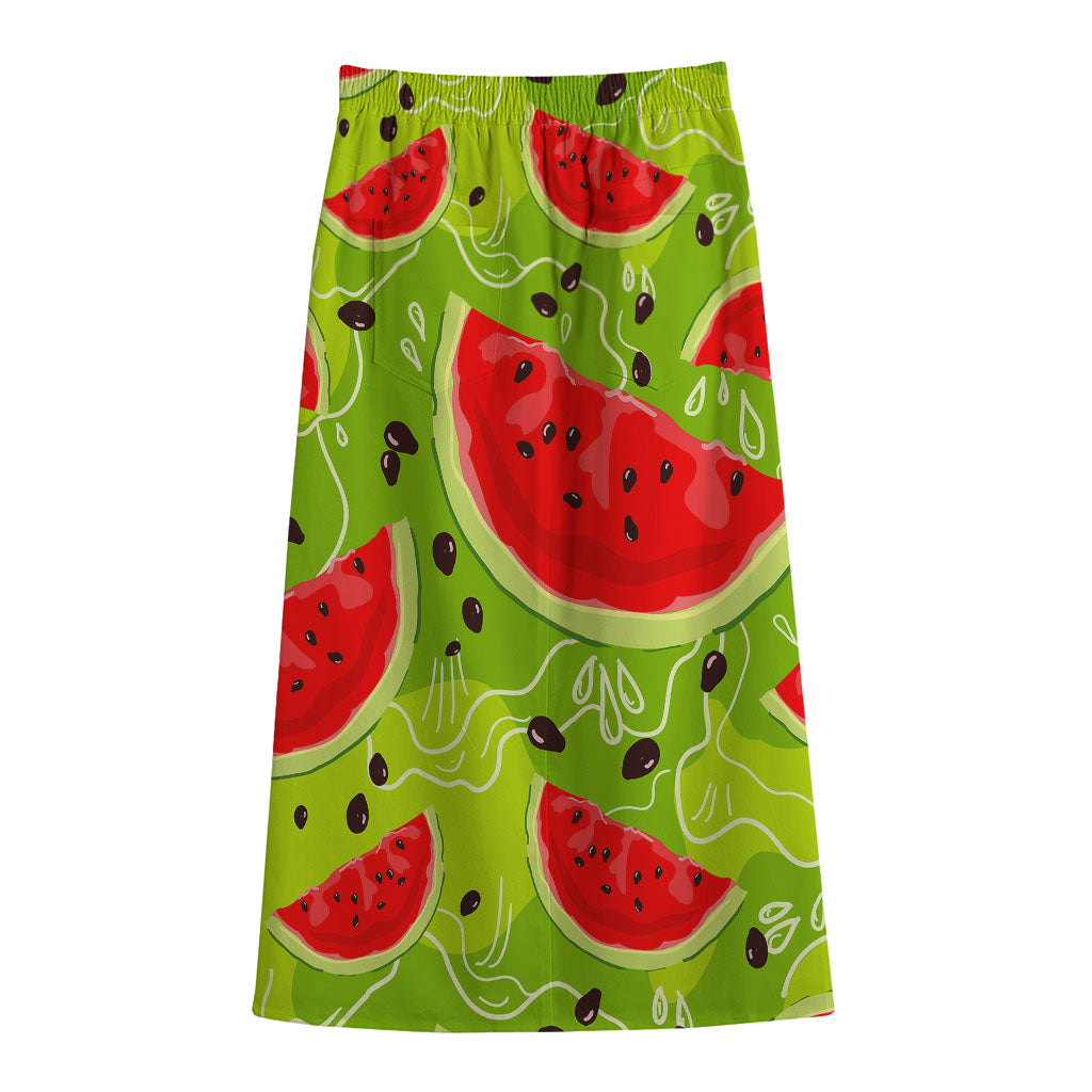 Yummy Watermelon Pieces Pattern Print Cotton Front Slit Maxi Skirt