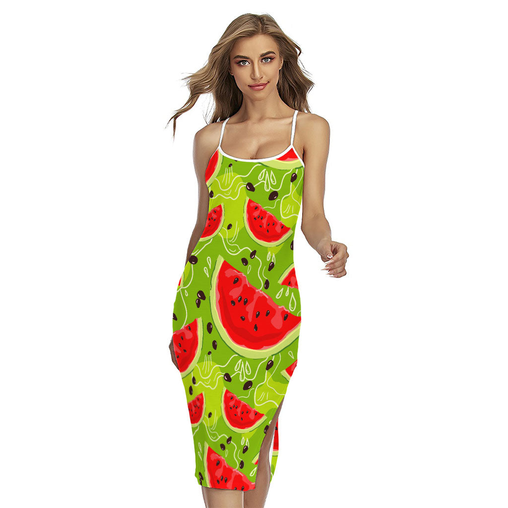 Yummy Watermelon Pieces Pattern Print Cross Back Cami Dress
