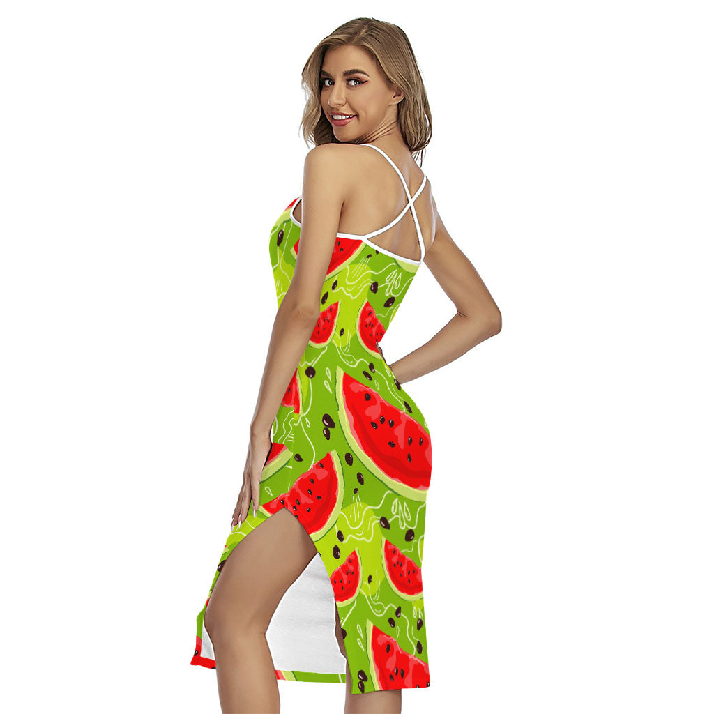 Yummy Watermelon Pieces Pattern Print Cross Back Cami Dress