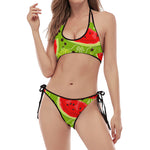 Yummy Watermelon Pieces Pattern Print Halter Scoop Tie Side Bikini