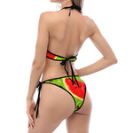 Yummy Watermelon Pieces Pattern Print Halter Scoop Tie Side Bikini