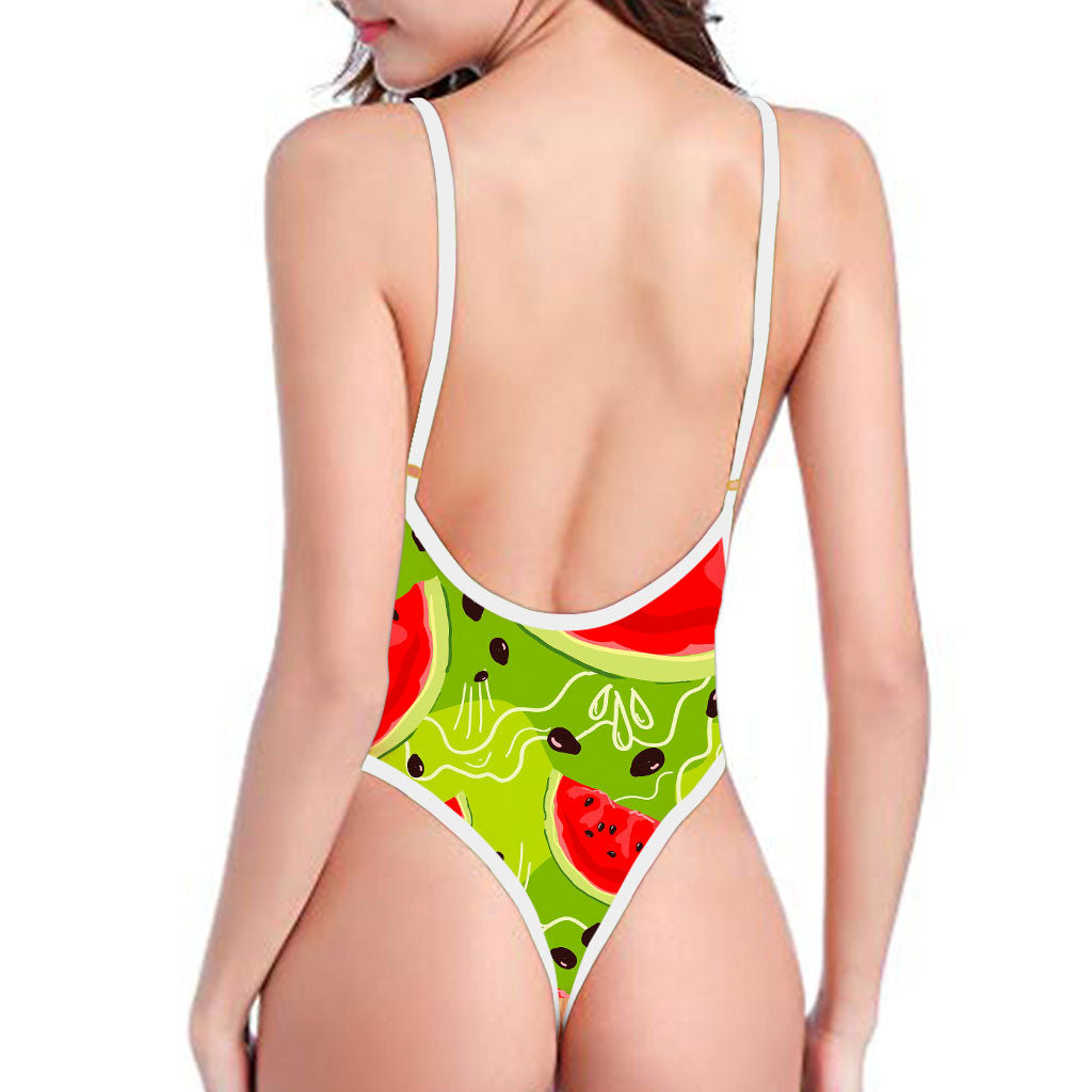 Yummy Watermelon Pieces Pattern Print High Cut One Piece Swimsuit