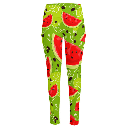 Yummy Watermelon Pieces Pattern Print High-Waisted Pocket Leggings