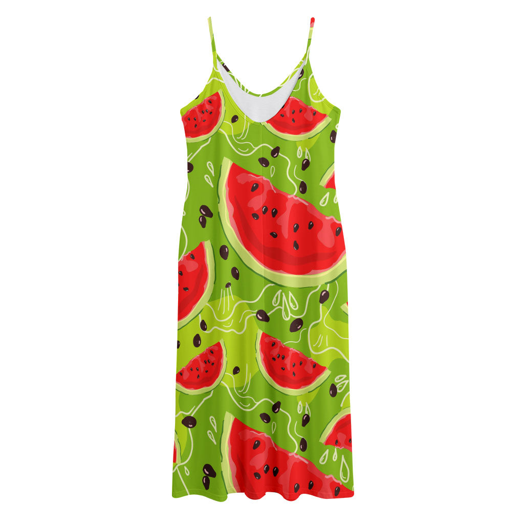 Yummy Watermelon Pieces Pattern Print Jersey Midi Cami Dress