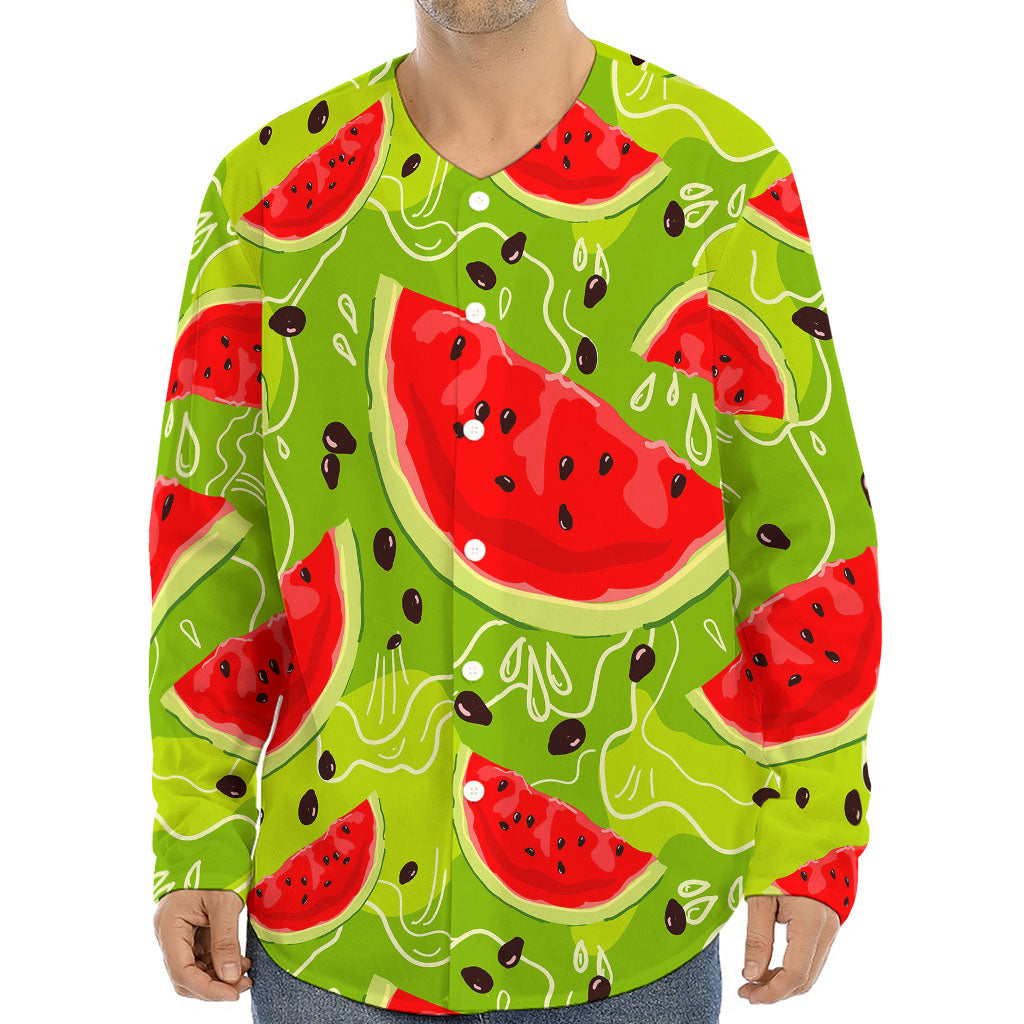 Yummy Watermelon Pieces Pattern Print Long Sleeve Baseball Jersey