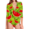 Yummy Watermelon Pieces Pattern Print Long Sleeve Swimsuit