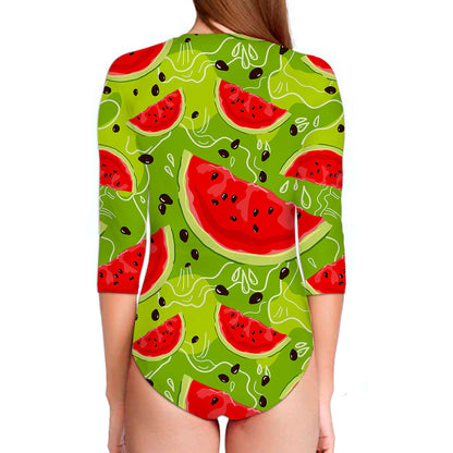 Yummy Watermelon Pieces Pattern Print Long Sleeve Swimsuit