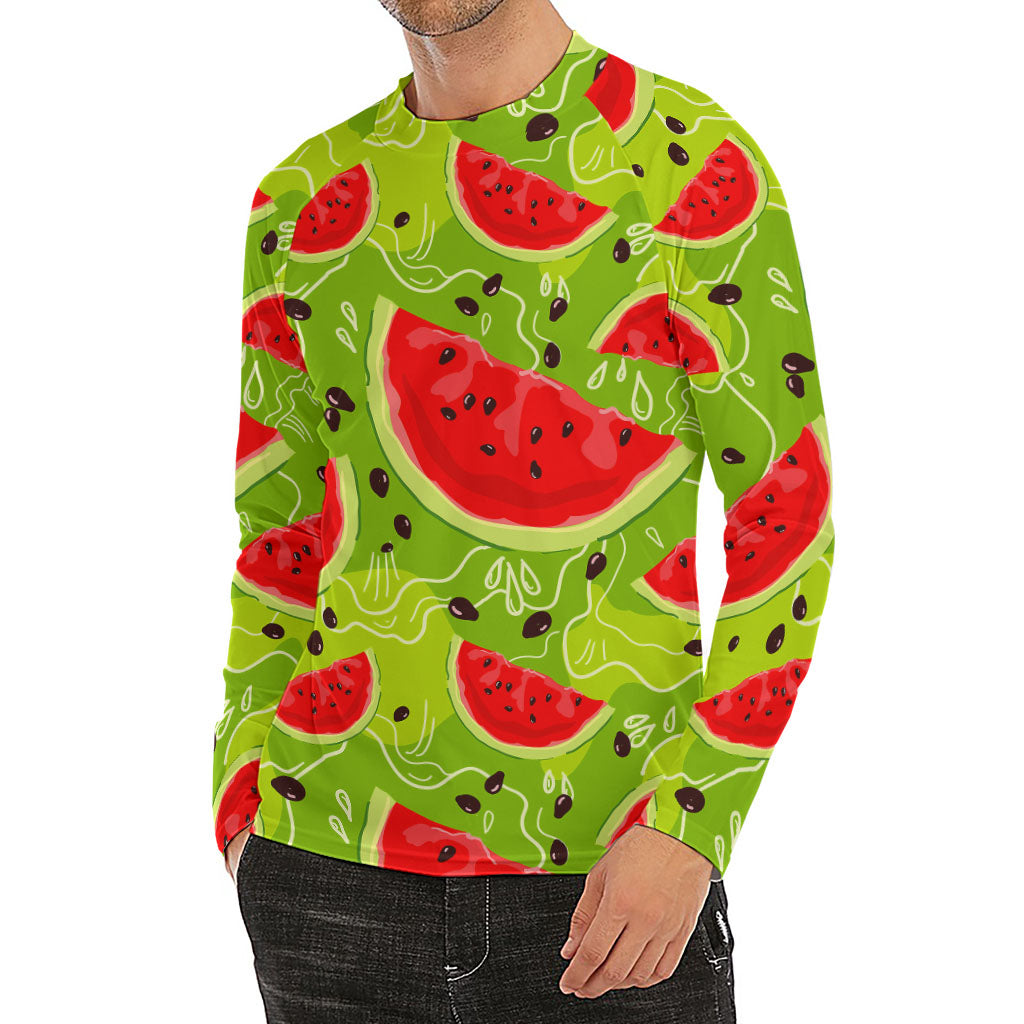 Yummy Watermelon Pieces Pattern Print Men's Long Sleeve Rash Guard