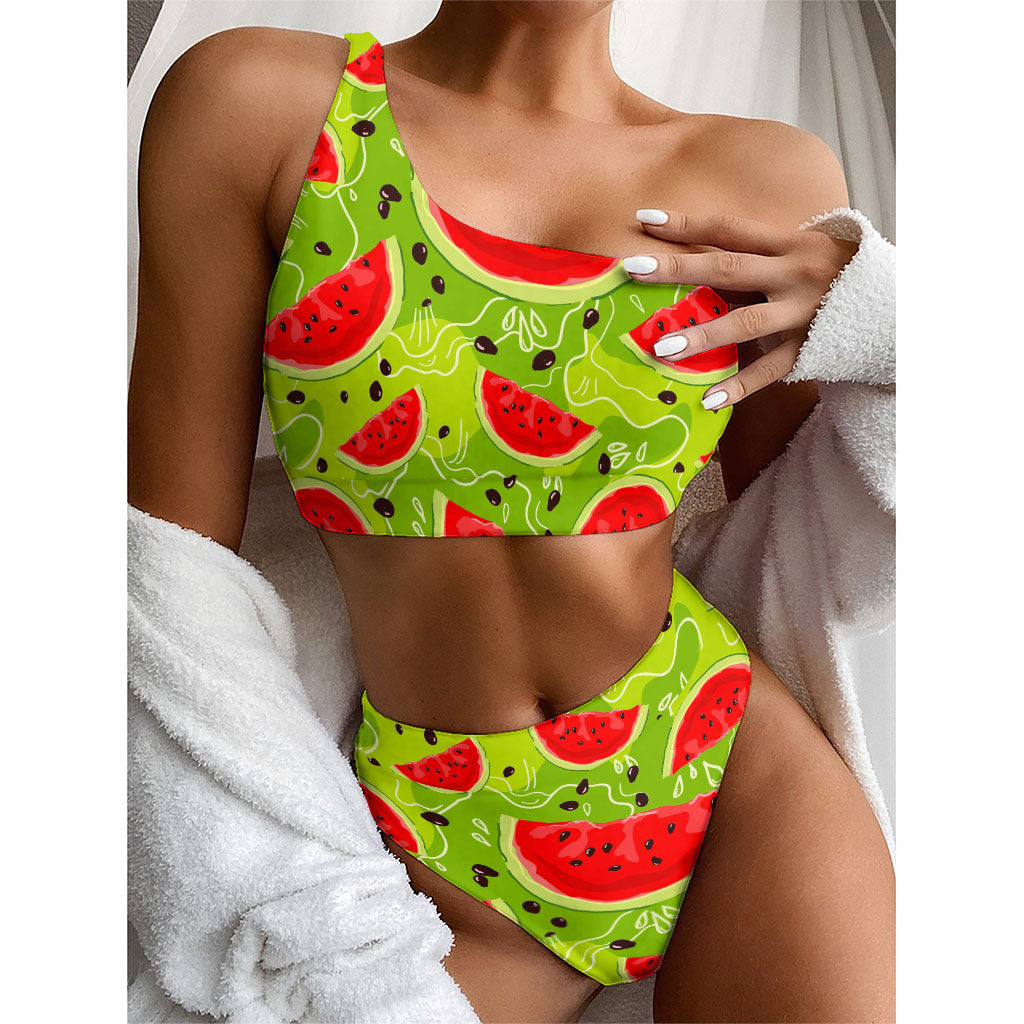 Yummy Watermelon Pieces Pattern Print One Shoulder Bikini Top