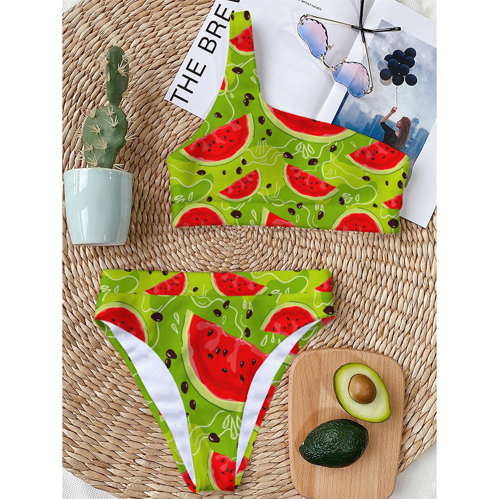 Yummy Watermelon Pieces Pattern Print One Shoulder Bikini Top