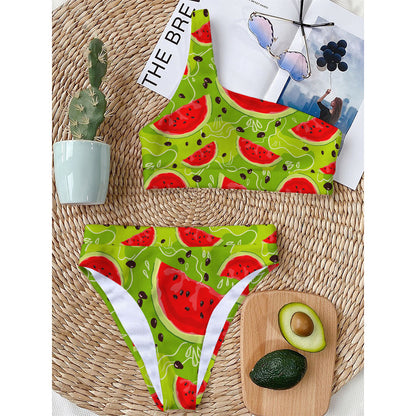 Yummy Watermelon Pieces Pattern Print One Shoulder Bikini Top