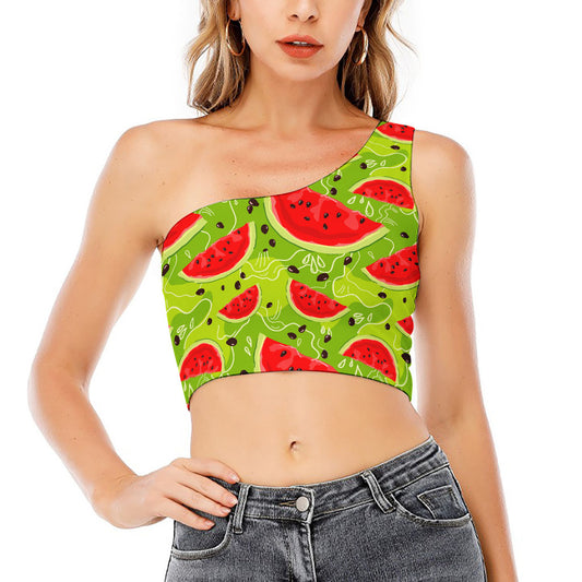 Yummy Watermelon Pieces Pattern Print One Shoulder Crop Top