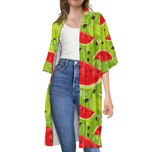 Yummy Watermelon Pieces Pattern Print Open Front Beach Cover Up