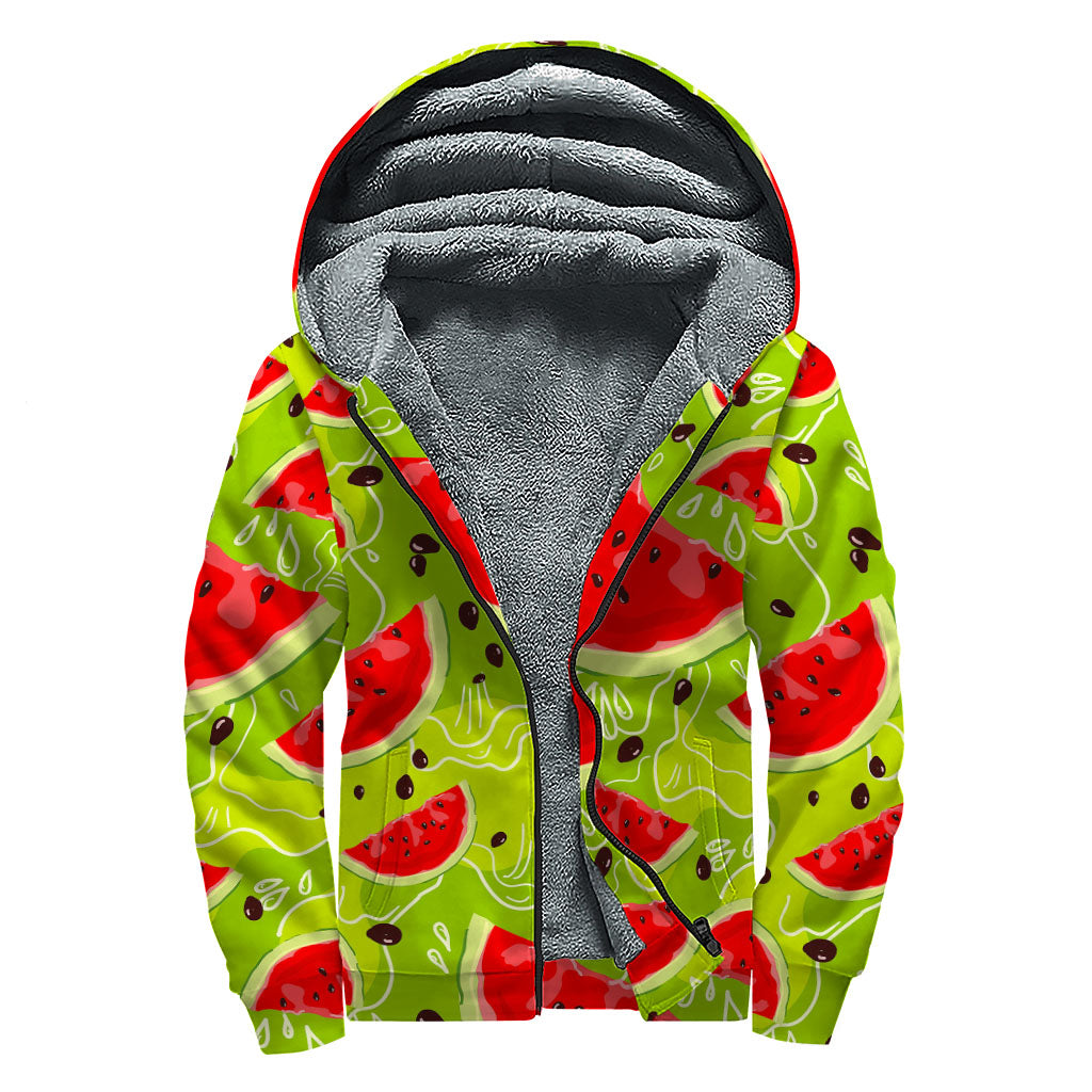 Yummy Watermelon Pieces Pattern Print Sherpa Lined Zip Up Hoodie