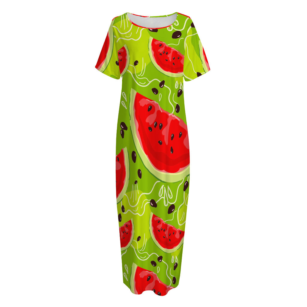 Yummy Watermelon Pieces Pattern Print Short Sleeve Long Nightdress