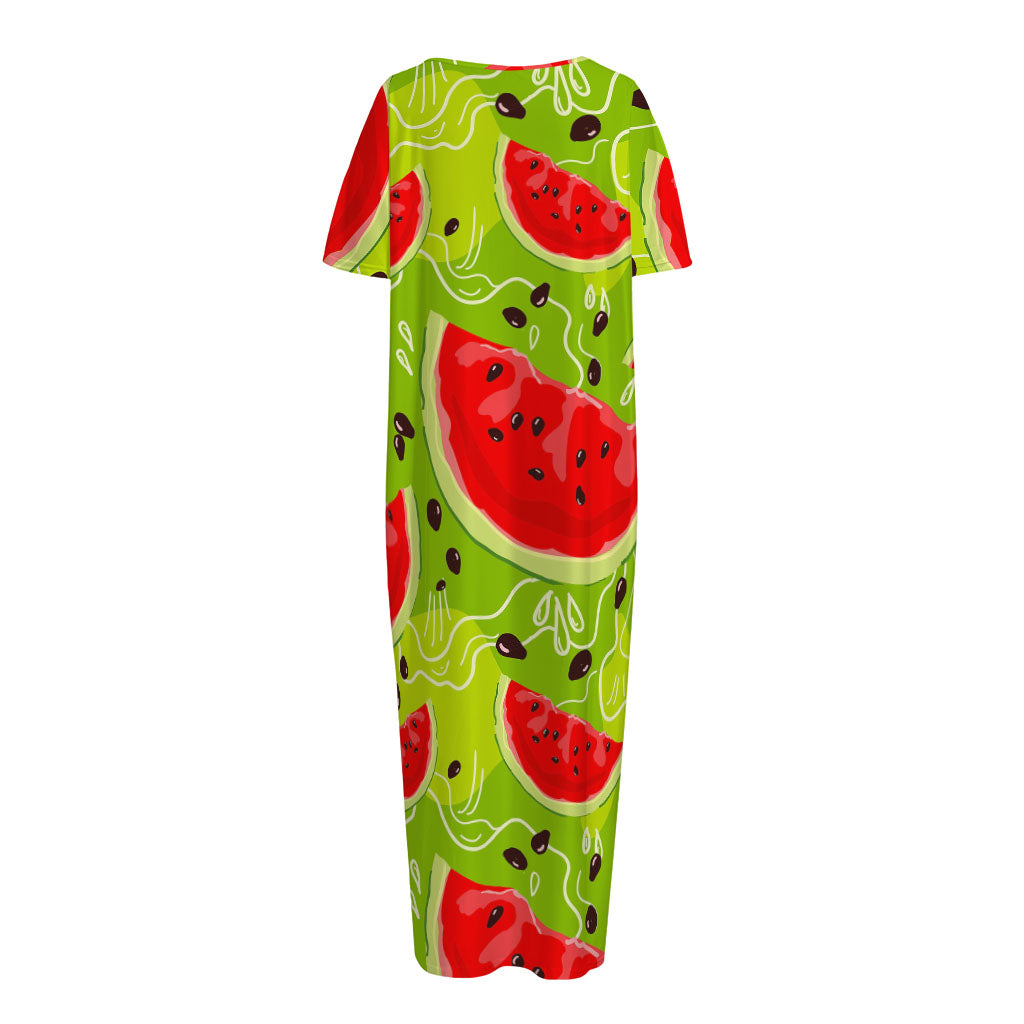 Yummy Watermelon Pieces Pattern Print Short Sleeve Long Nightdress