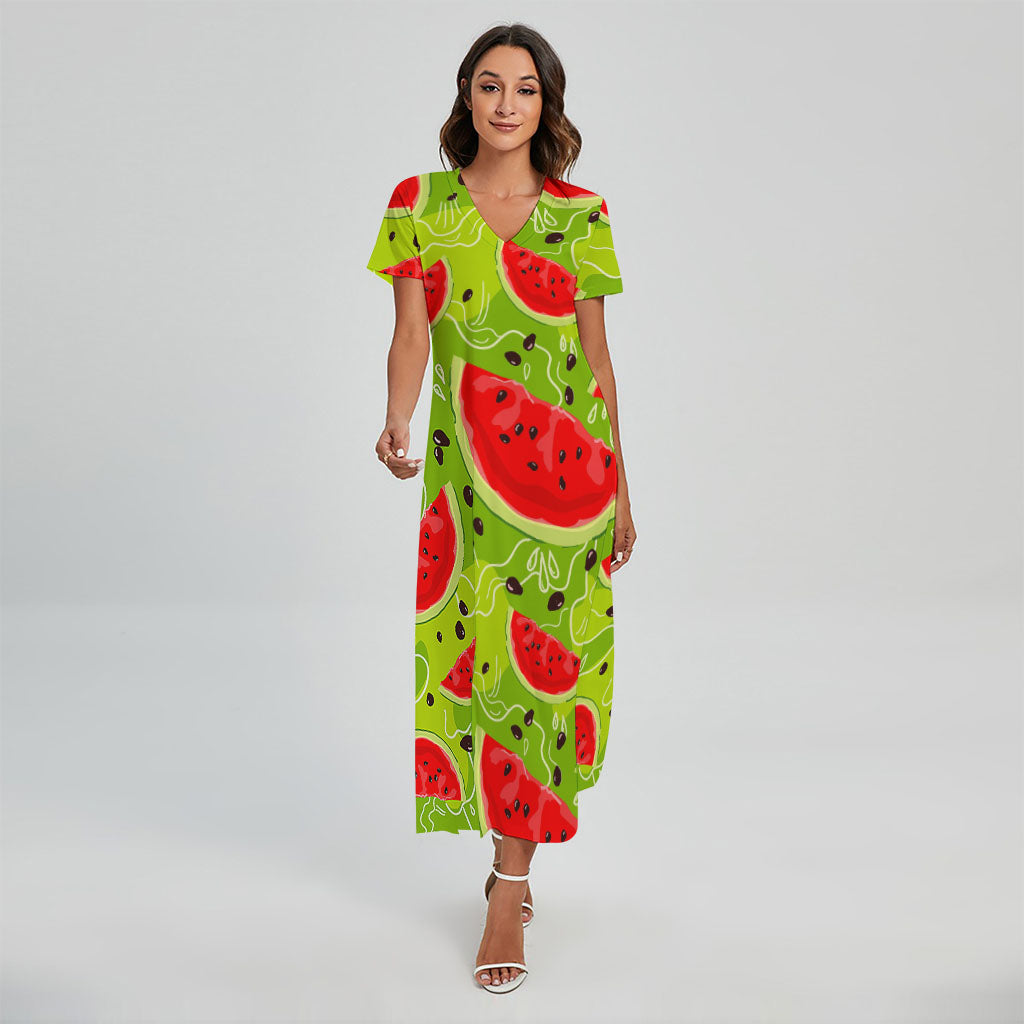 Yummy Watermelon Pieces Pattern Print Short Sleeve Maxi Dress