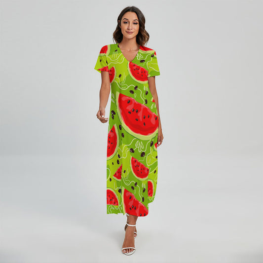 Yummy Watermelon Pieces Pattern Print Short Sleeve Maxi Dress