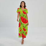 Yummy Watermelon Pieces Pattern Print Short Sleeve Maxi Dress