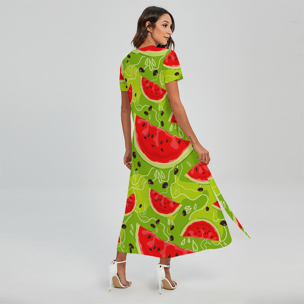 Yummy Watermelon Pieces Pattern Print Short Sleeve Maxi Dress