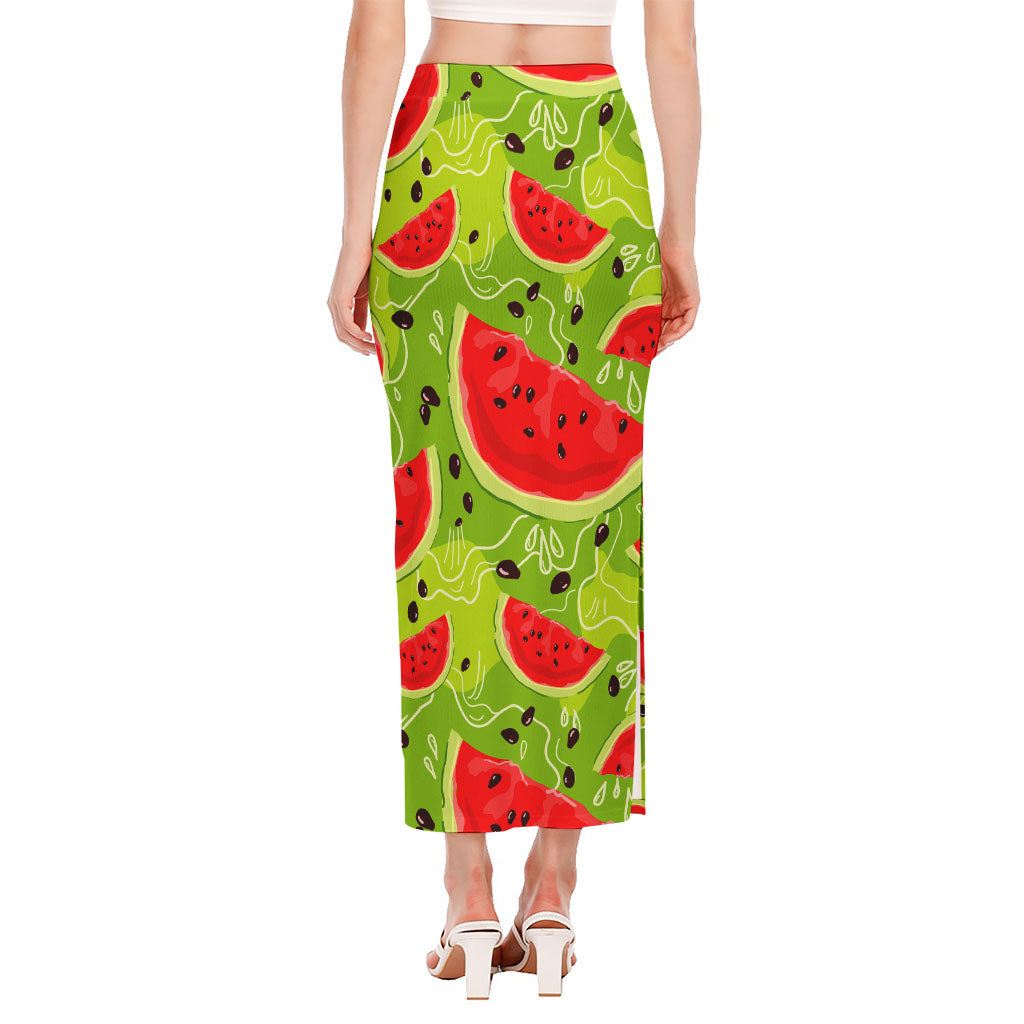 Yummy Watermelon Pieces Pattern Print Side Slit Maxi Skirt