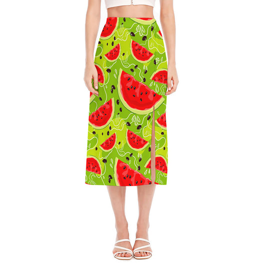 Yummy Watermelon Pieces Pattern Print Side Slit Midi Skirt