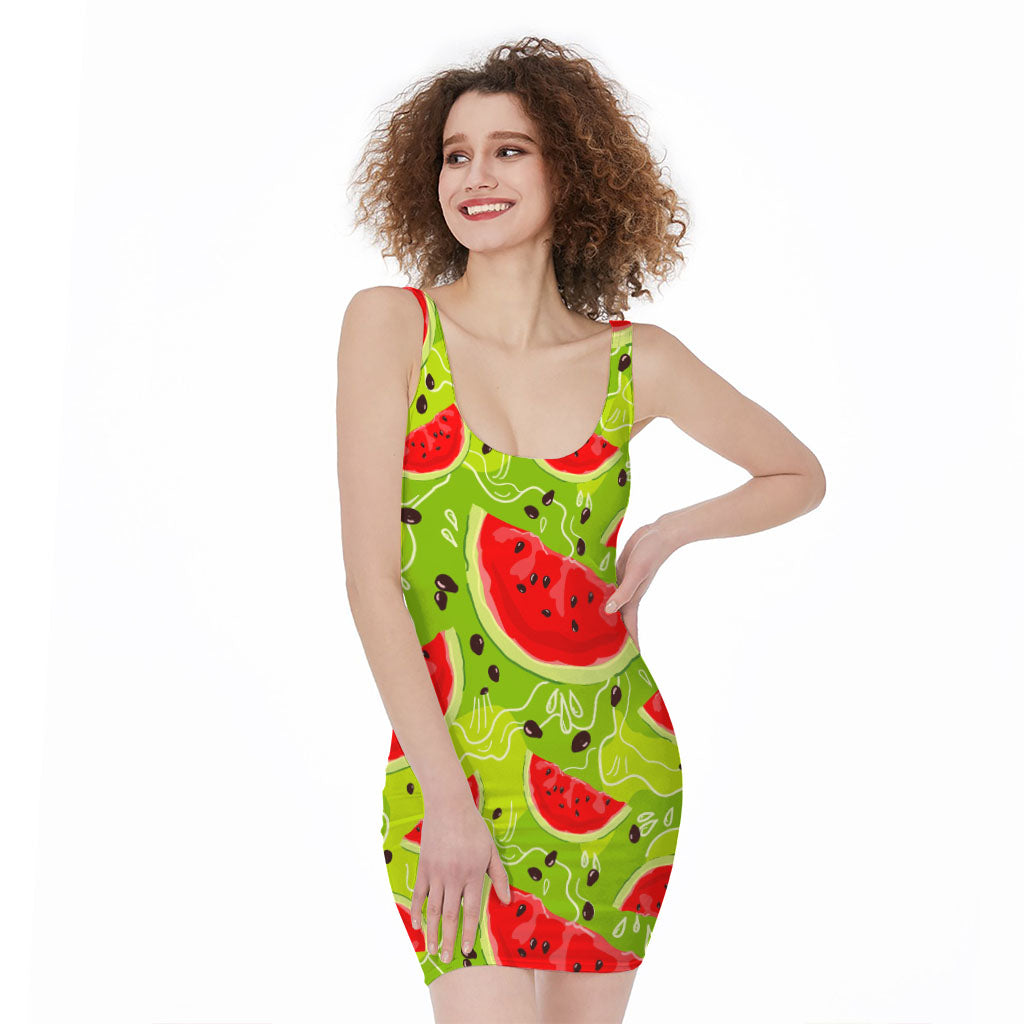 Yummy Watermelon Pieces Pattern Print Sleeveless Bodycon Dress