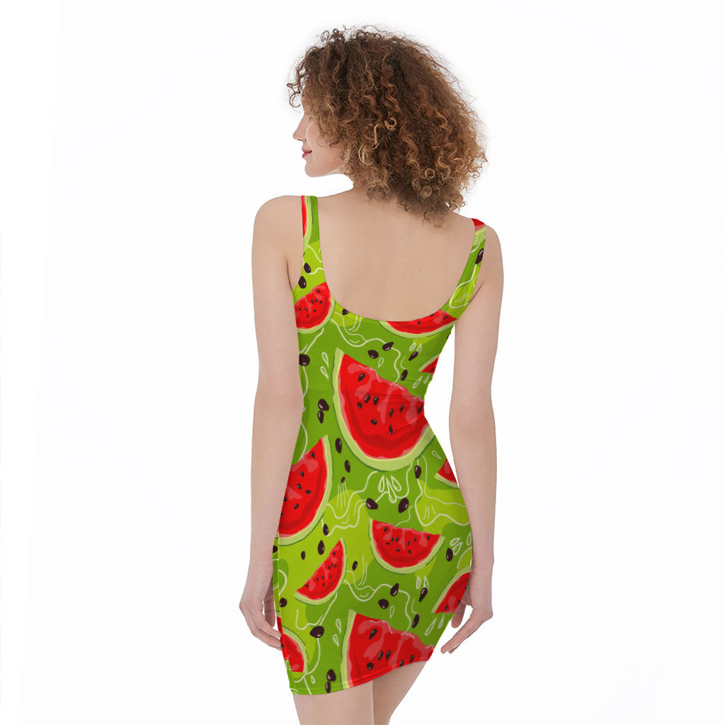 Yummy Watermelon Pieces Pattern Print Sleeveless Bodycon Dress