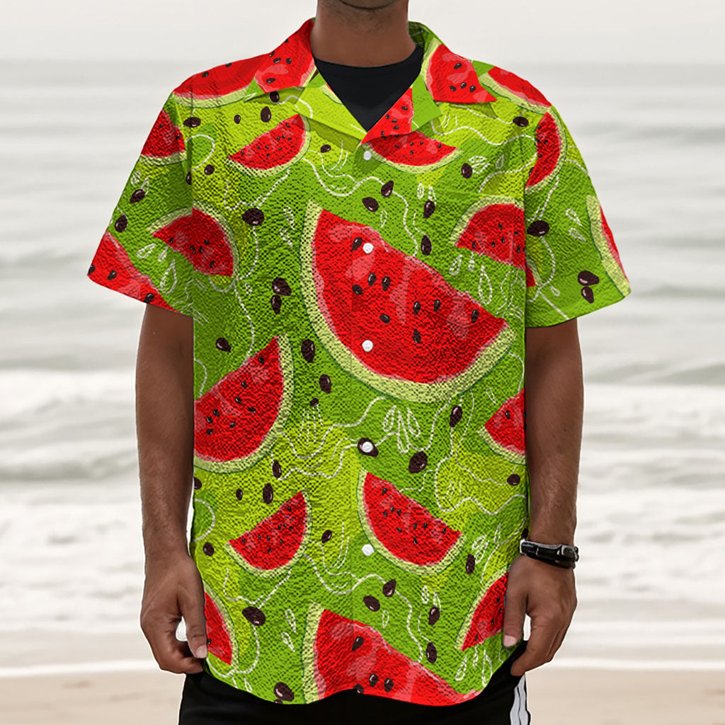 Yummy Watermelon Pieces Pattern Print Textured Short Sleeve Shirt