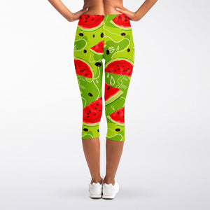 Yummy Watermelon Pieces Pattern Print Women's Capri Leggings