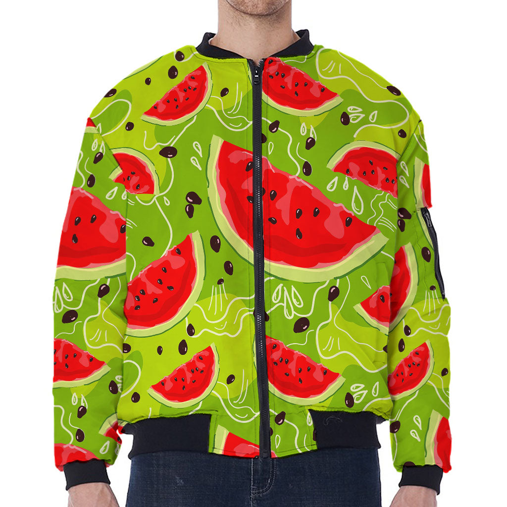Yummy Watermelon Pieces Pattern Print Zip Sleeve Bomber Jacket