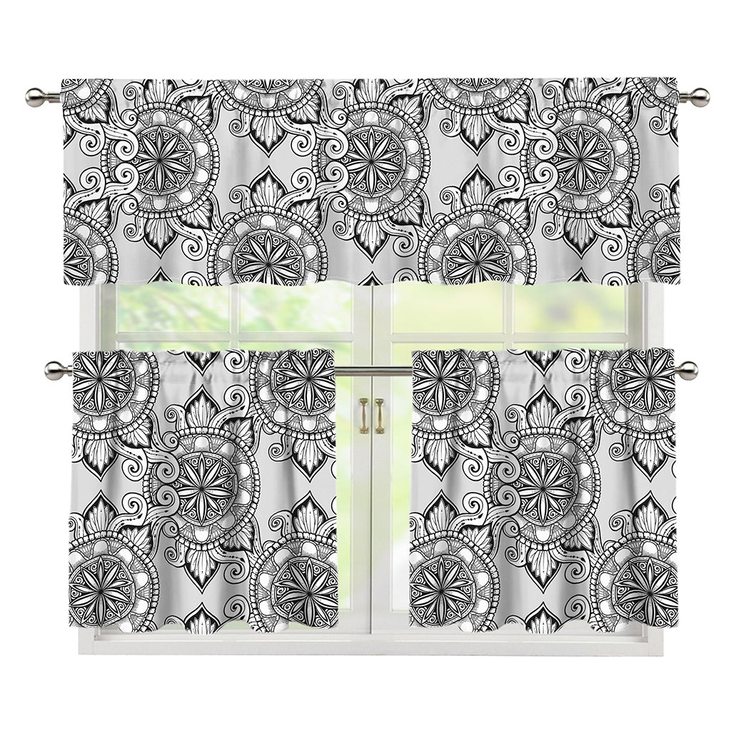 Zentangle Floral Pattern Print 3 Piece Kitchen Curtains