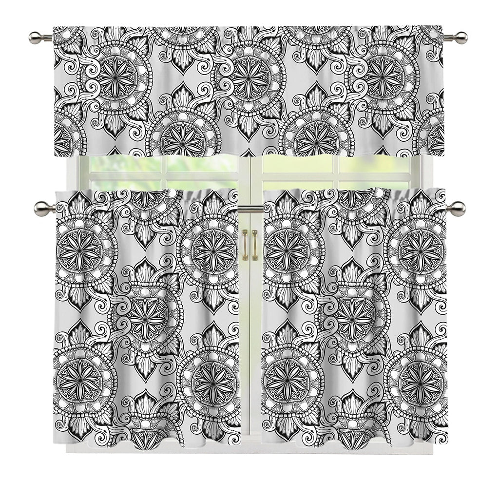 Zentangle Floral Pattern Print 3 Piece Kitchen Curtains