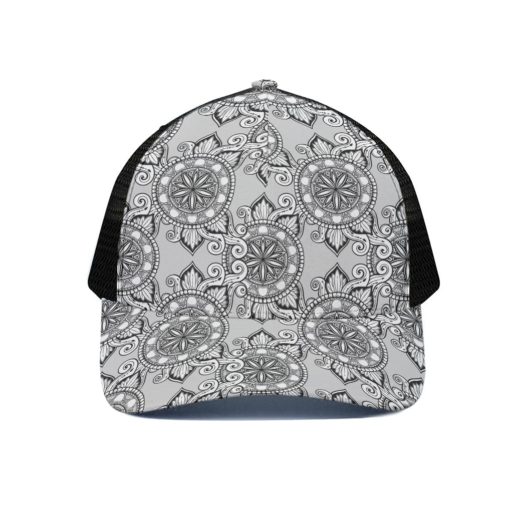 Zentangle Floral Pattern Print Black Mesh Trucker Cap