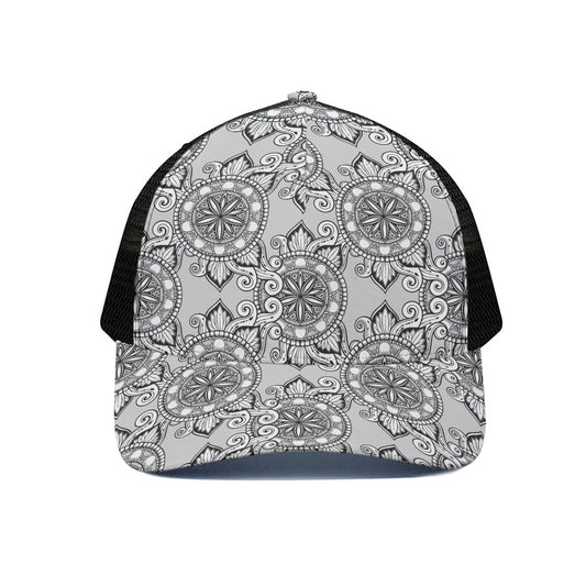 Zentangle Floral Pattern Print Black Mesh Trucker Cap